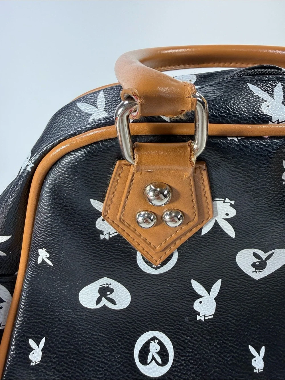 Vtg y2k Playboy Black and Tan Printed Satchel Bag pink interior - Picture 11 of 16